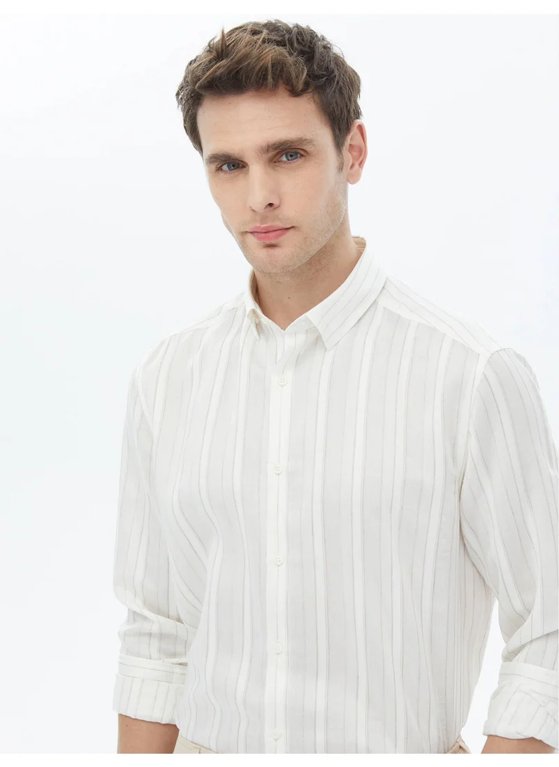 Kip White Striped Regular Fit Woven Classic Linen Blend Shirt