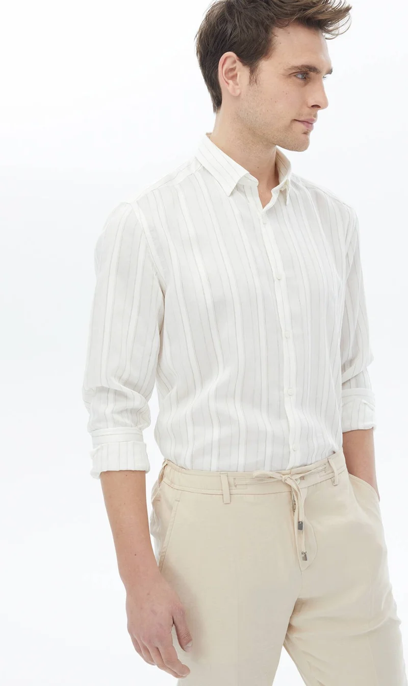 Kip White Striped Regular Fit Woven Classic Linen Blend Shirt