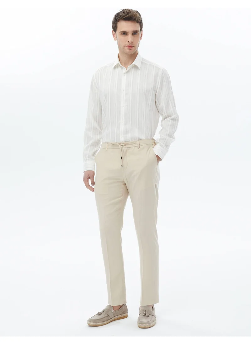 Kip White Striped Regular Fit Woven Classic Linen Blend Shirt