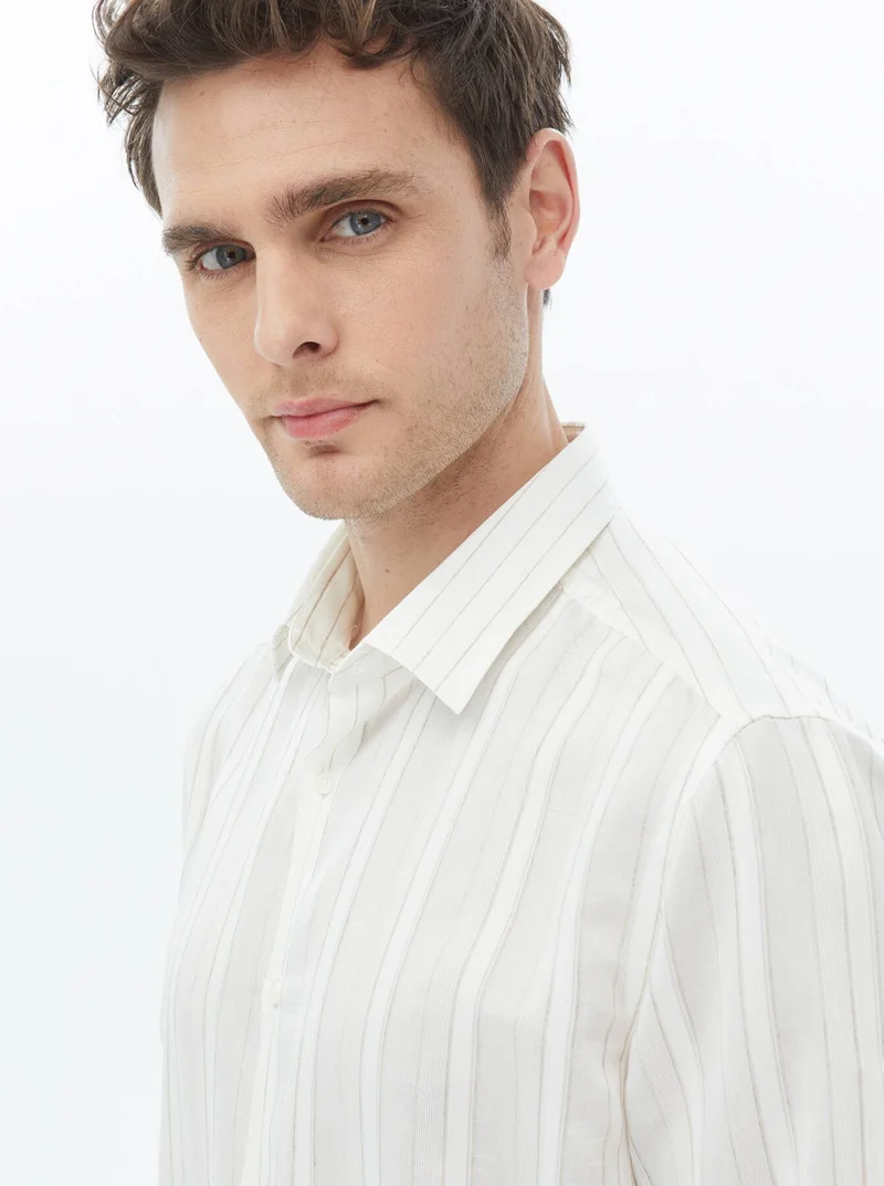 Kip White Striped Regular Fit Woven Classic Linen Blend Shirt