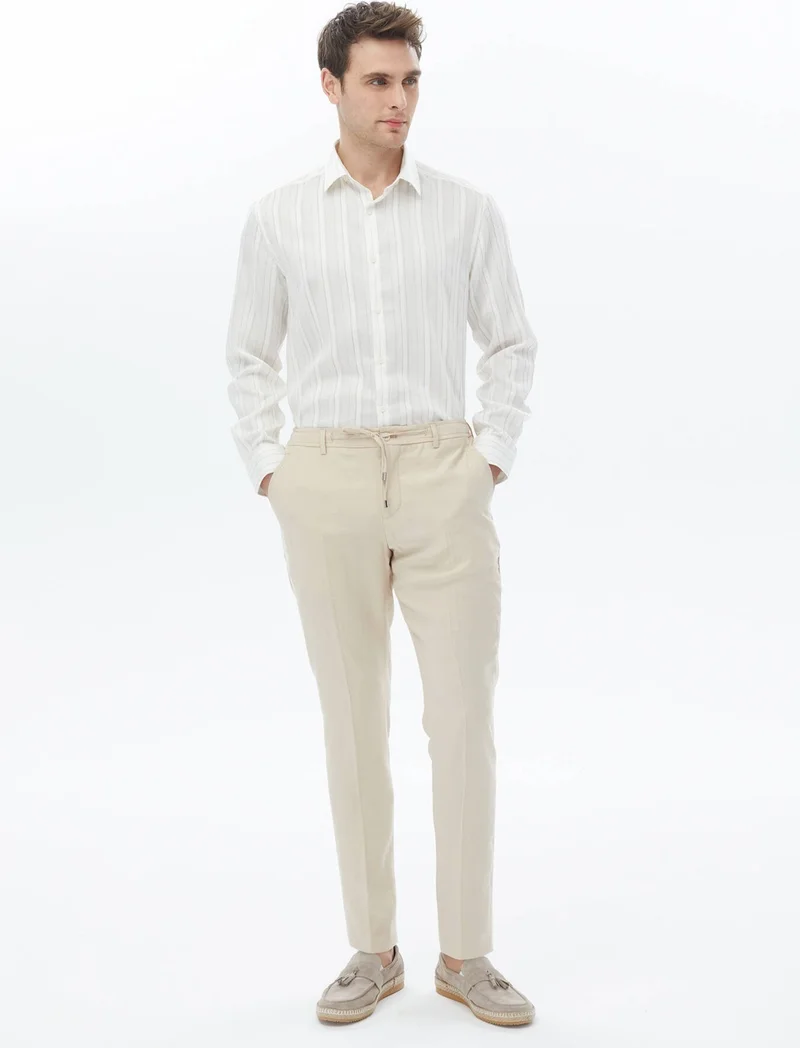 Kip White Striped Regular Fit Woven Classic Linen Blend Shirt