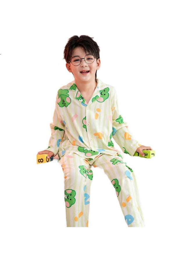 Fenton Children'S Pajamas, Boys' Brown Bear Design Early Spring Pure Cotton Striped Sleepwear, For Older Children, Home Wear, Q9Fj257390078 - Image 2