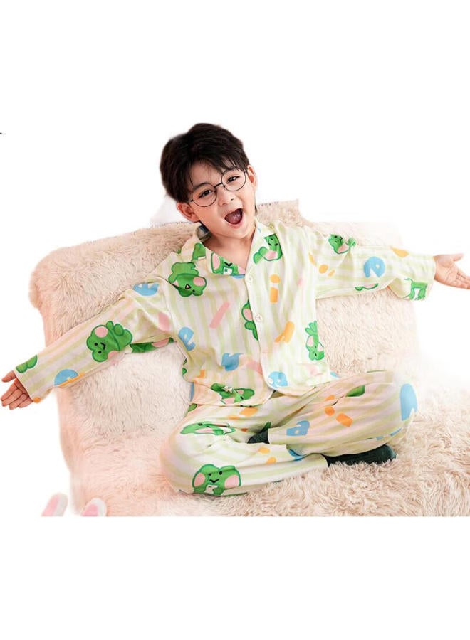 Fenton Children'S Pajamas, Boys' Brown Bear Design Early Spring Pure Cotton Striped Sleepwear, For Older Children, Home Wear, Q9Fj257390078 - Image 3