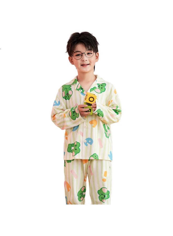 Fenton Children'S Pajamas, Boys' Brown Bear Design Early Spring Pure Cotton Striped Sleepwear, For Older Children, Home Wear, Q9Fj257390078 - Image 1