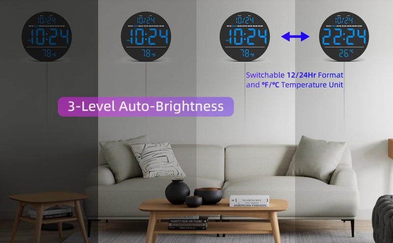 XUANZIT Digital Wall Clock with Large LED Display, Date, Temperature, Auto-Brightness | Small [PLUG-IN] Clock | Modern Electric Wall Clock for Bedroom, Classroom, Living Room, Home, Office, Farmhouse - Blue - Image 5