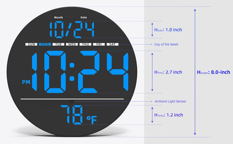 XUANZIT Digital Wall Clock with Large LED Display, Date, Temperature, Auto-Brightness | Small [PLUG-IN] Clock | Modern Electric Wall Clock for Bedroom, Classroom, Living Room, Home, Office, Farmhouse - Blue - Image 3