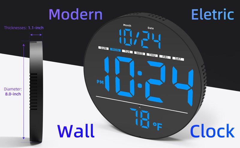 XUANZIT Digital Wall Clock with Large LED Display, Date, Temperature, Auto-Brightness | Small [PLUG-IN] Clock | Modern Electric Wall Clock for Bedroom, Classroom, Living Room, Home, Office, Farmhouse - Blue - Image 2