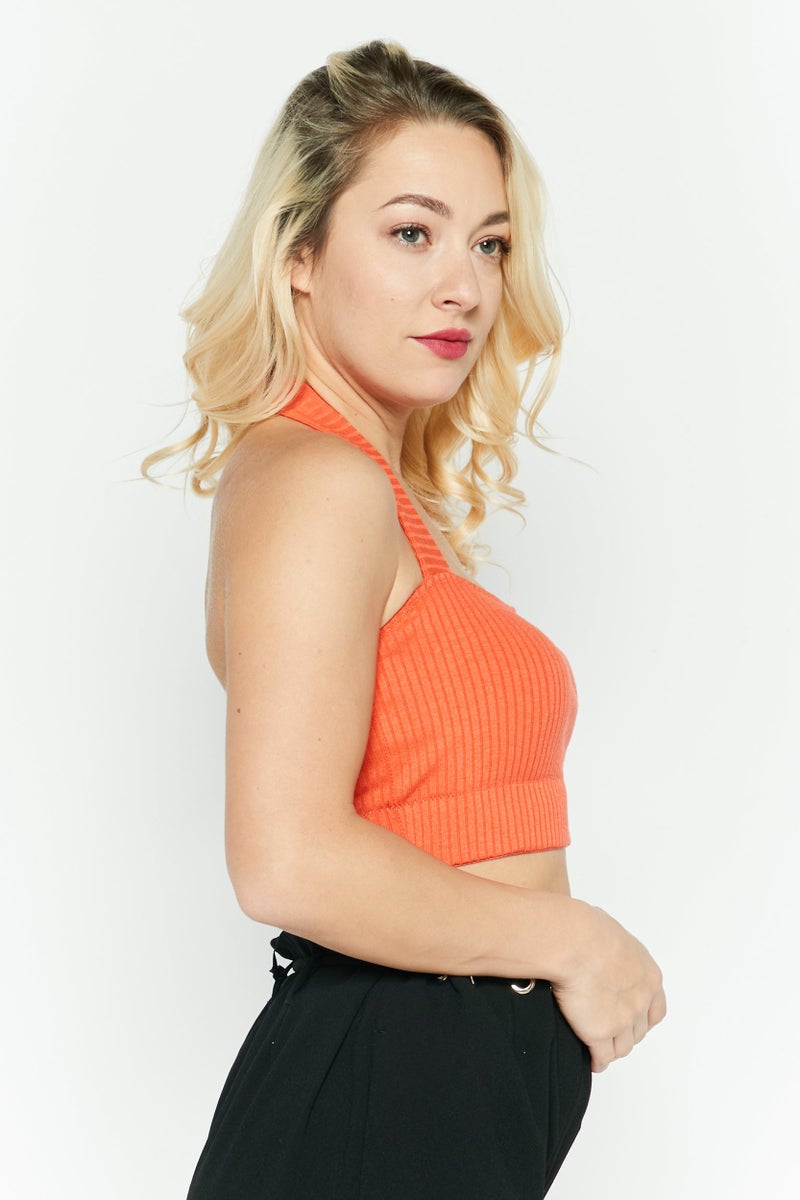 Etam Women Halter Neck Sleeveless Ribbed Crop Top, Orange - Image 3