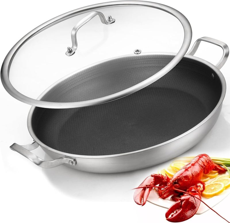Yeksum Tri-Ply Stainless Steel Paella Pan,13.5 Inch Nonstick Large Skillet,10 Servings 18/10 Paella Pan with Lid,Jumbo Cooker,Induction Pan,large stainless steel pan for Outdoors,Camping - Image 1