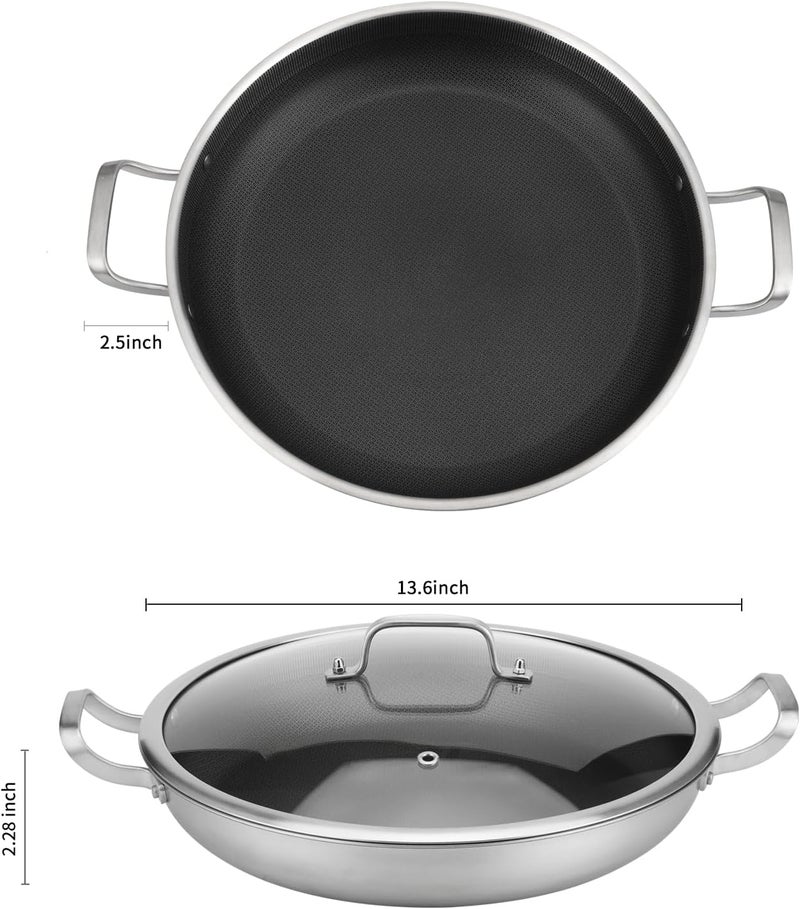 Yeksum Tri-Ply Stainless Steel Paella Pan,13.5 Inch Nonstick Large Skillet,10 Servings 18/10 Paella Pan with Lid,Jumbo Cooker,Induction Pan,large stainless steel pan for Outdoors,Camping - Image 5