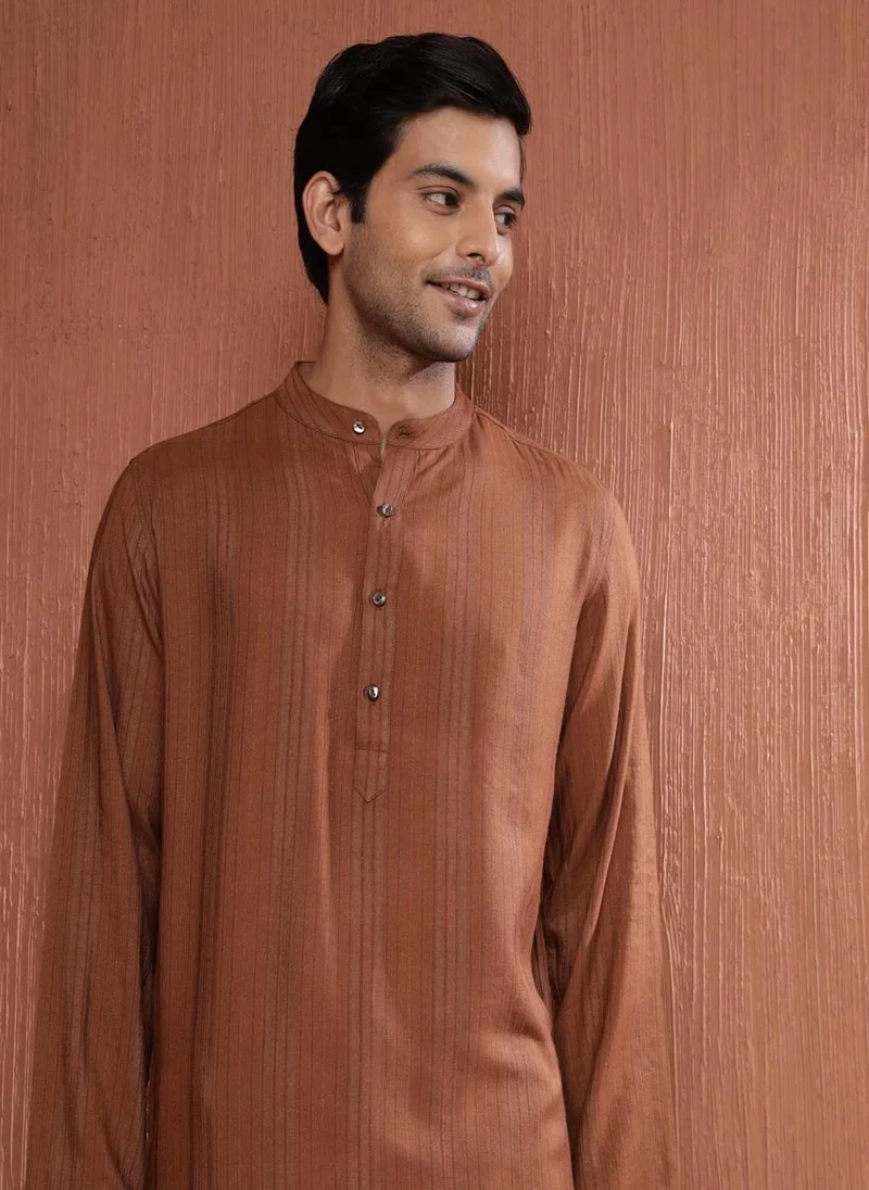 Fabindia Brown Viscose Blend Dobby Long Kurta