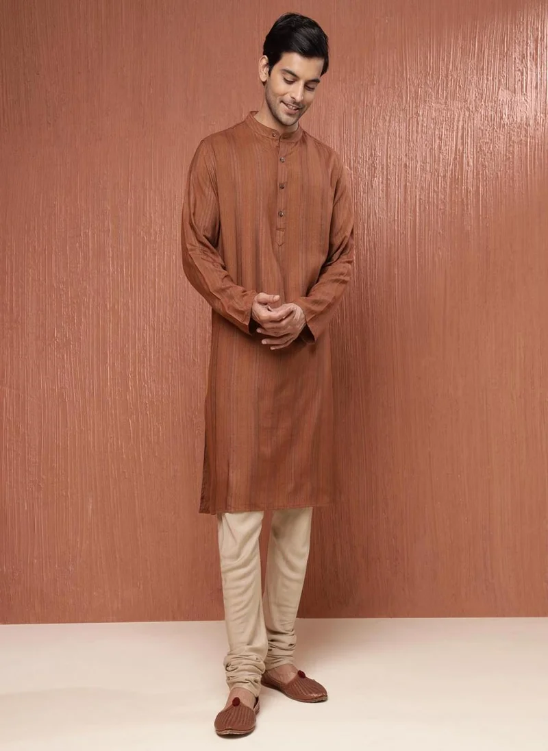 Fabindia Brown Viscose Blend Dobby Long Kurta