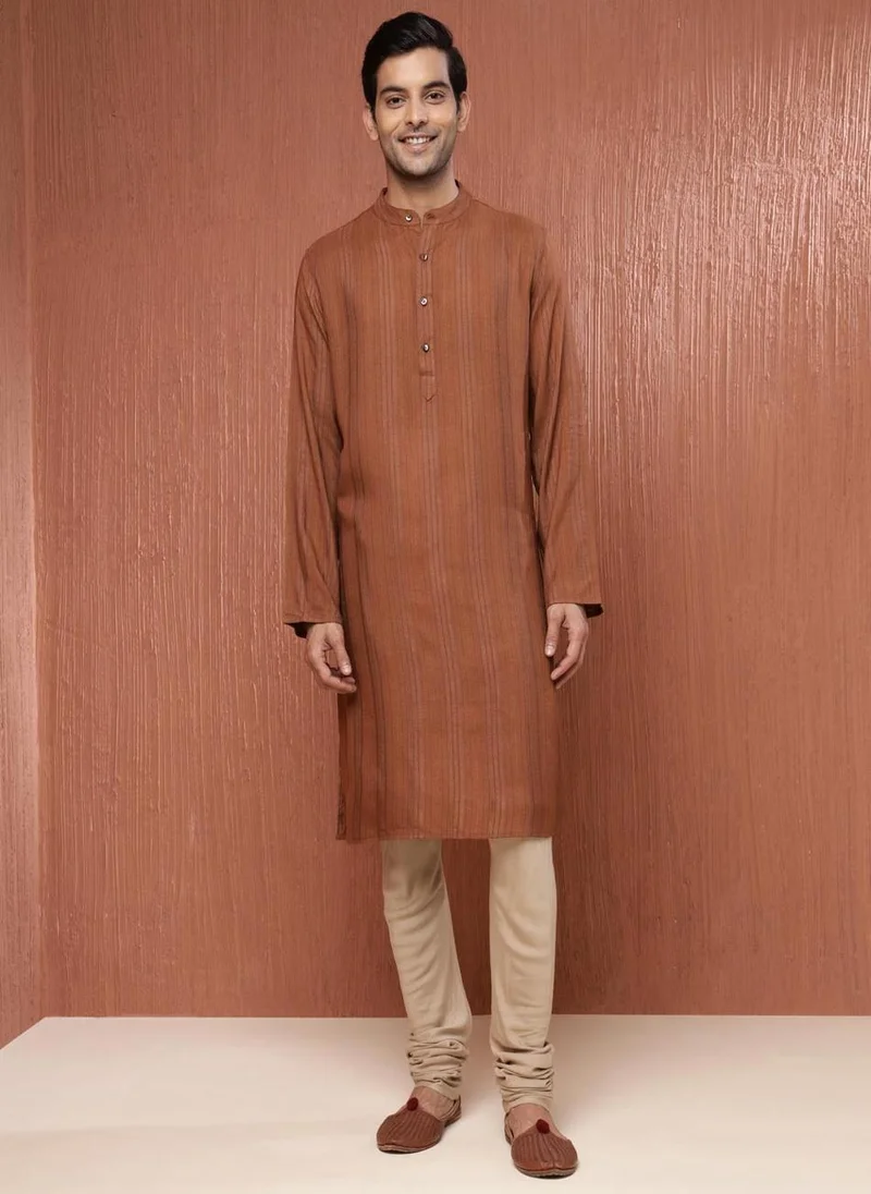 فاب انديا Brown Viscose Blend Dobby Long Kurta