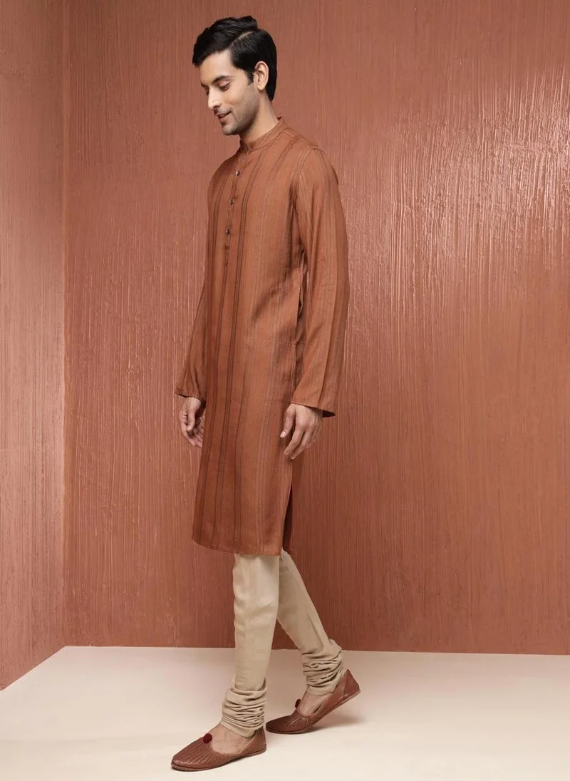 Fabindia Brown Viscose Blend Dobby Long Kurta