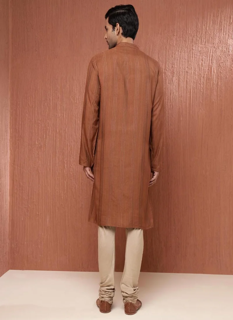 Fabindia Brown Viscose Blend Dobby Long Kurta