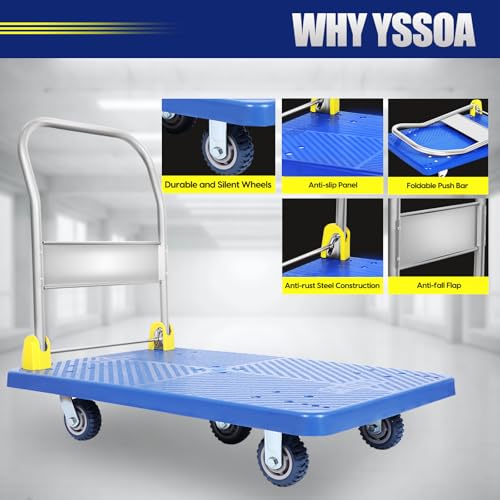 YSSOA Platform Truck with 440lb Weight Capacity and 360 Degree Swivel Wheels, Foldable Push Hand Cart for Loading and Storage, Blue - Image 5