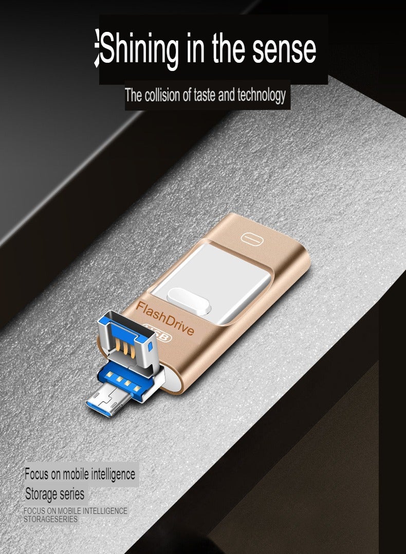 AROAQ 256GB USB Flash Drive, Shock Proof 3-in-1 External USB Flash Drive, Safe And Stable USB Memory Stick, Convenient And Fast Metal Body Flash Drive, Gold Color (Type-C Interface + apple Head + USB Local)  - Image 4