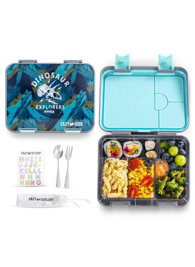 Eazy Kids Eazy Kids 6 & 4 Convertible Bento Lunch Box w/ Steel Spoon & Fork Set and Alphabets Sticker - T-Rex Grey  - Image 1