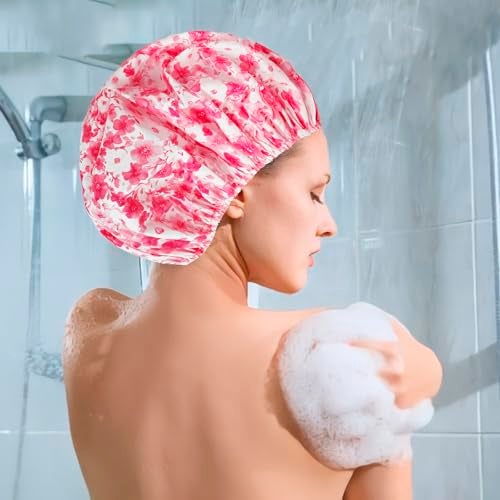 CHFONG 6 PCS Shower Caps for Women Double Side Waterproof Shower Cap Reusable Elastic Bath Caps for Shower EVA Bathing Shower Caps Bath Hair Caps Plum Blossom - Image 3