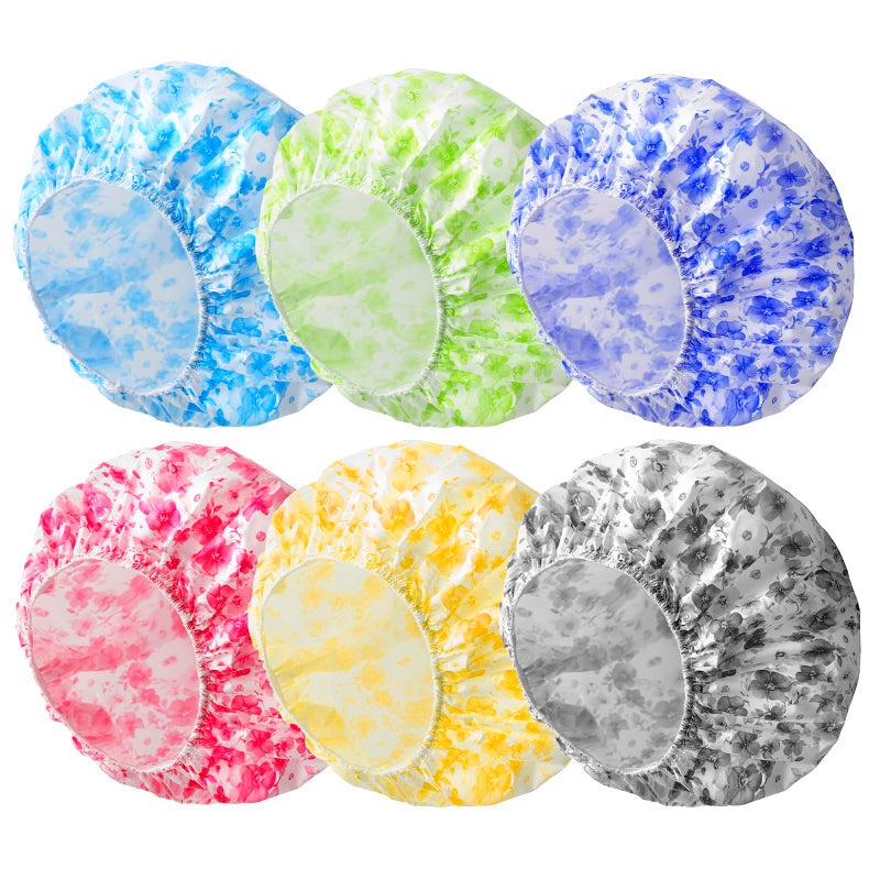 CHFONG 6 PCS Shower Caps for Women Double Side Waterproof Shower Cap Reusable Elastic Bath Caps for Shower EVA Bathing Shower Caps Bath Hair Caps Plum Blossom - Image 2