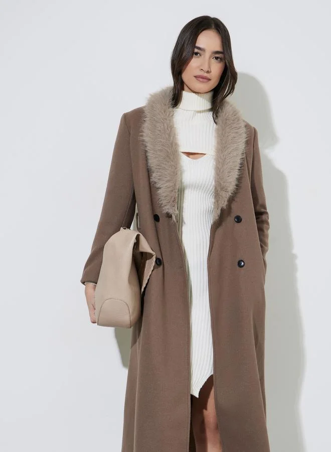Styli Brown Regular Fit Wool-Like Coat with Faux Fur Collar