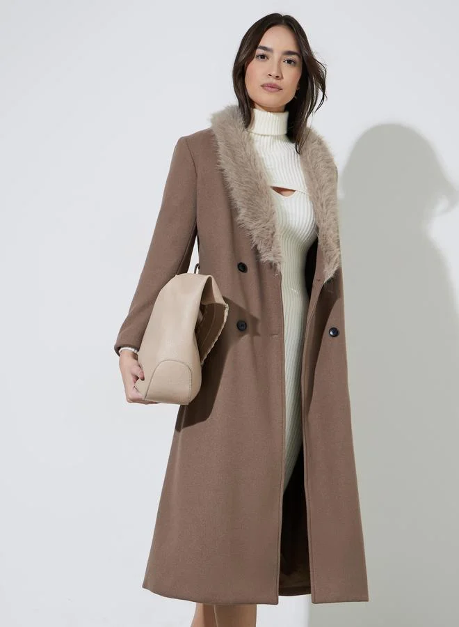 Styli Brown Regular Fit Wool-Like Coat with Faux Fur Collar