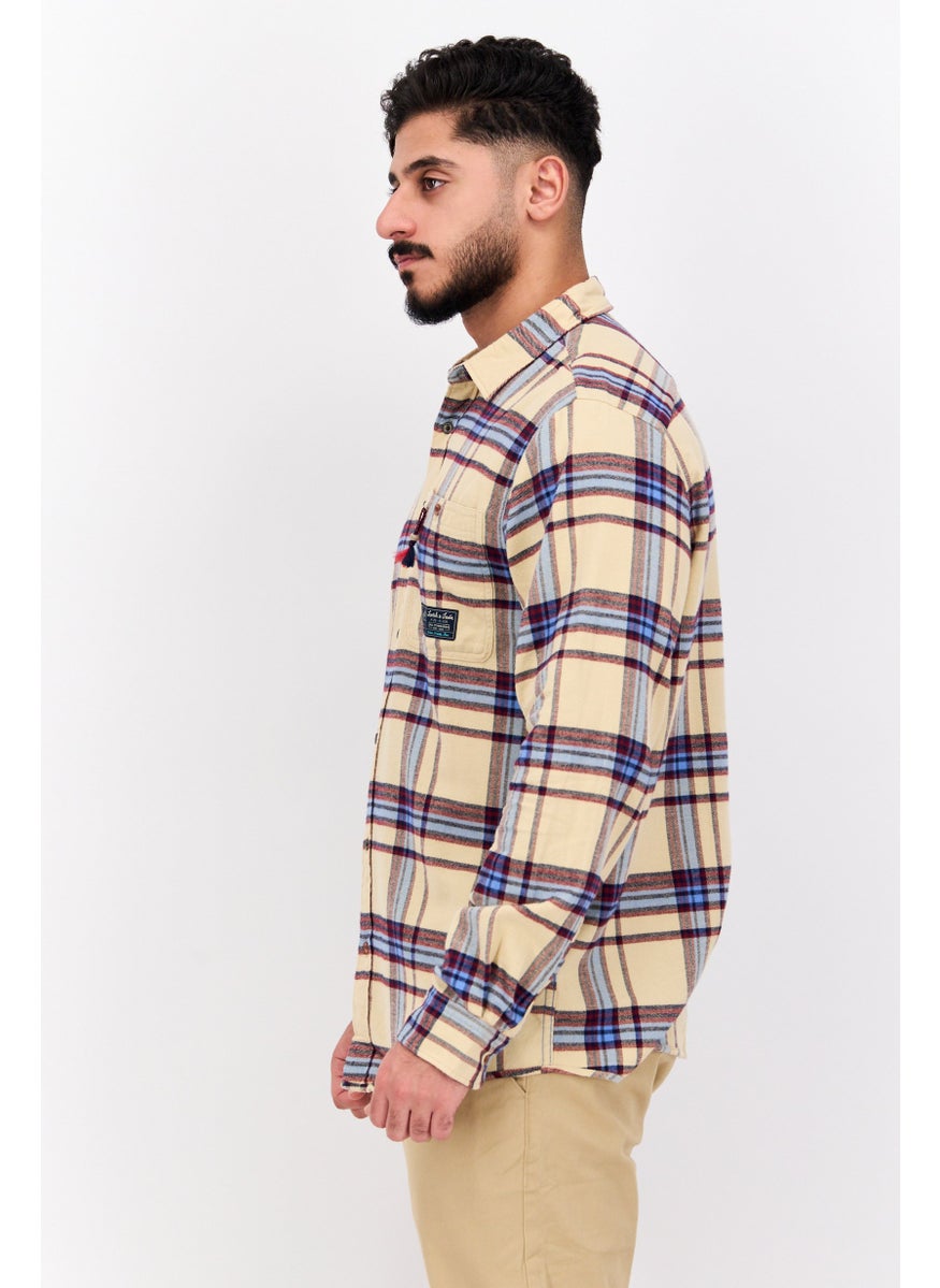 Scotch & Soda Men Regular Fit Checkered Long Sleeves Casual Shirt, Beige  - Image 3