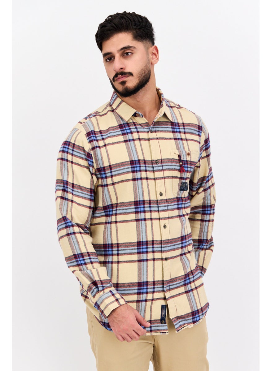 Scotch & Soda Men Regular Fit Checkered Long Sleeves Casual Shirt, Beige  - Image 1