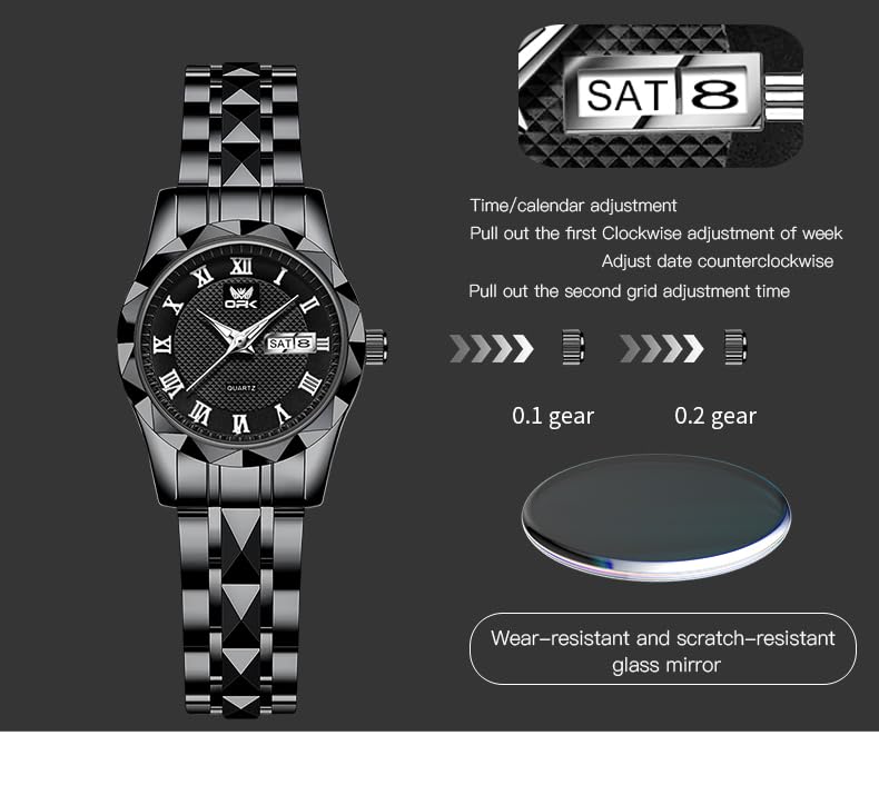 OPK Wacthes for Women Black Easy to Read Stainless Steel Ladies Watches for Female Small Watch Waterproof Luminous Day Date - Image 5