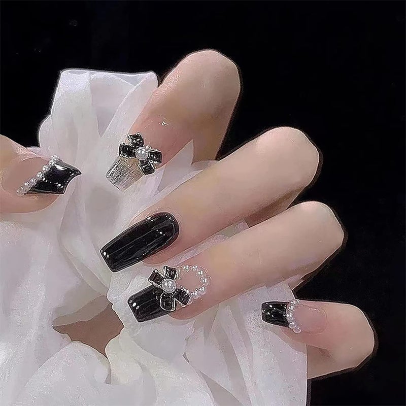 24Pcs Artificial Acrylic Fake Nails With Black Pearl Bow Designs  Full Cover Reusable Coffin Shape Press On Nails  Medium Length Womens Glue On Stick On Nails For Nail Art