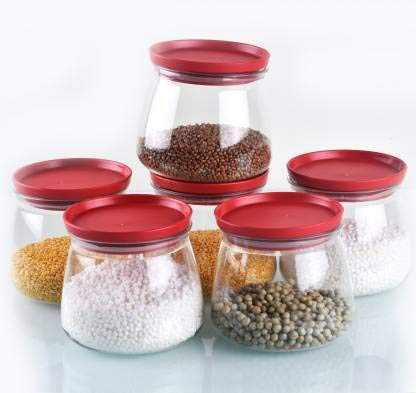 YouBee جرة مطبخ يوبي محكمة الإغلاق لتخزين الأرز والدال والدقيق خالية من BPA 800 مل مجموعة 6 حمراء - Image 1