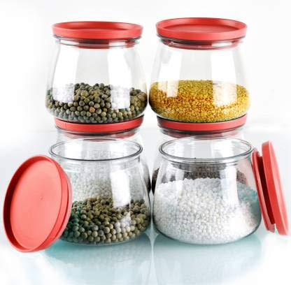 YouBee جرة مطبخ يوبي محكمة الإغلاق لتخزين الأرز والدال والدقيق خالية من BPA 800 مل مجموعة 6 حمراء - Image 2