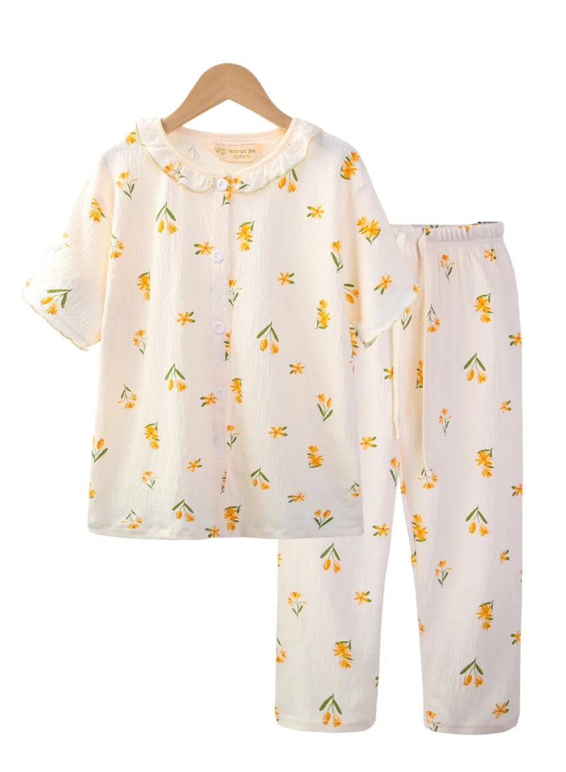 Victor And Jane  Girls Floral Printed Muslin Cotton Pyjama Set with Puff Sleeves for Women | Best Price UAE