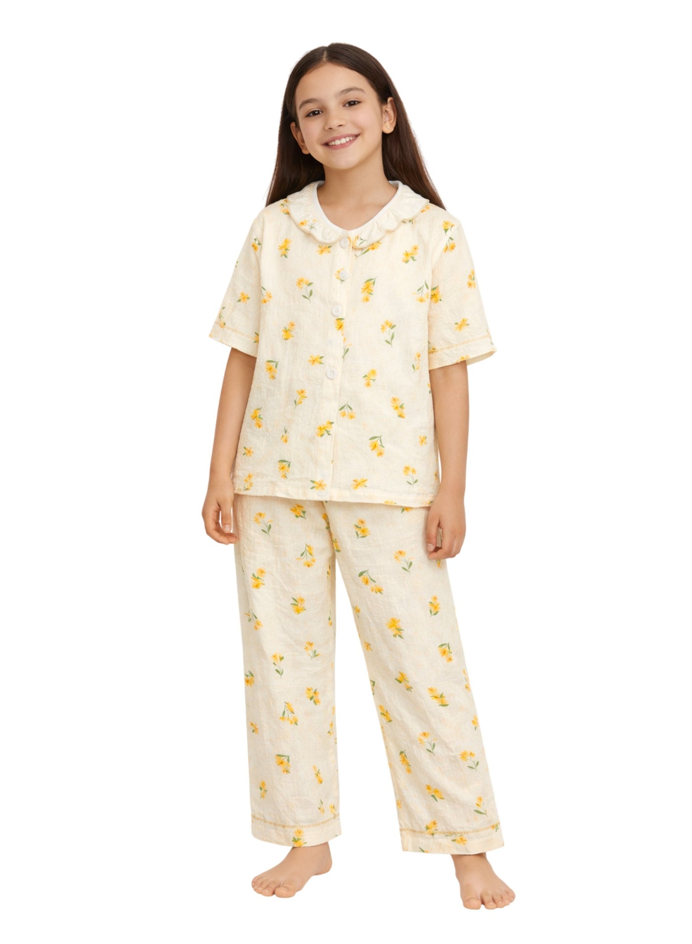 victor and jane Girls Floral Printed Muslin Cotton Pyjama Set with Puff Sleeves