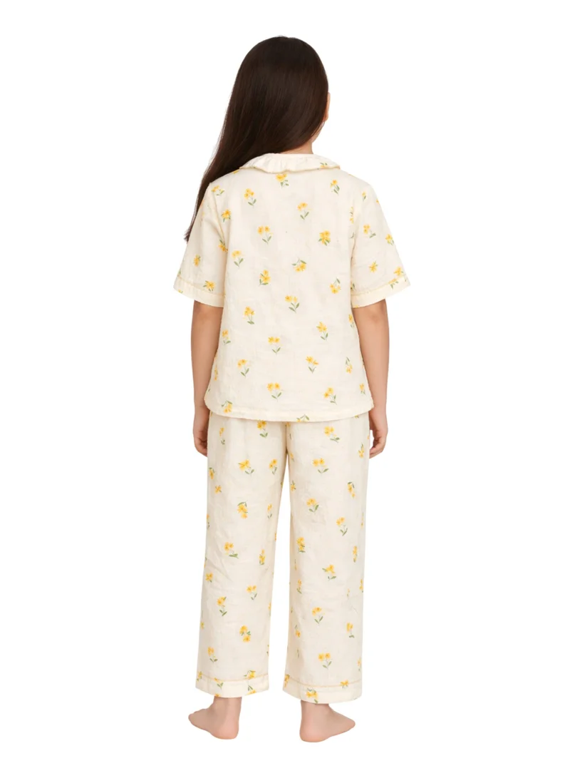 victor and jane Girls Floral Printed Muslin Cotton Pyjama Set with Puff Sleeves