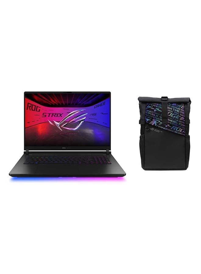 أسوس جهاز ROG Strix SCAR بشاشة 18 بوصة بدقة 2.5K WQXGA (2560x1600) ومعدل تحديث 240 هرتز، معالج Intel Core Ultra 9-275HX، ذاكرة وصول عشوائي 32 جيجابايت DDR5، قرص صلب SSD بسعة 1 تيرابايت، بطاقة رسومات Nvidia GeForce RTX 5080 بسعة 16 جيجابايت، نظام تشغيل Windows 11، حقيبة ROG Strix مجانية، لوحة مفاتيح بإضاءة RGB لكل مفتاح، متوفرة باللغتين الإنجليزية والعربية، باللون الأسود. الإنجليزية/العربية - Image 1