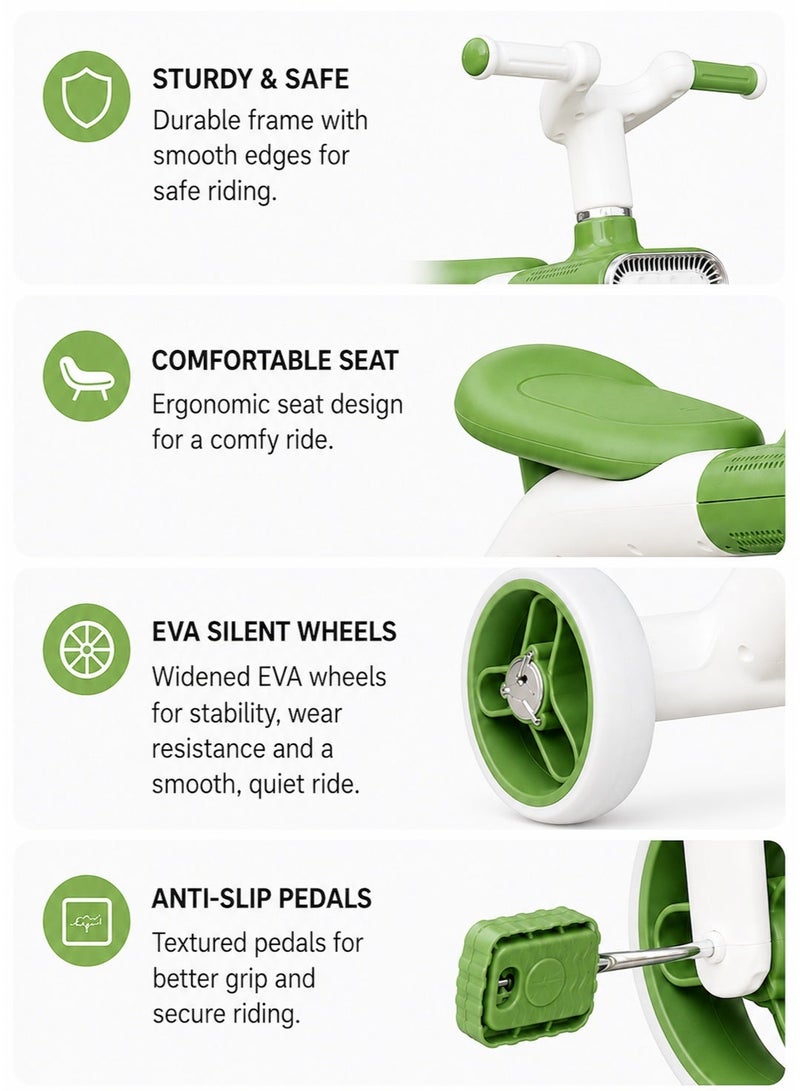 Lacoz Kids Cycle Tricycle Light and  Music with EVA Silent Wheels and Comfortable Seat for Boys & Girls Green - Image 4