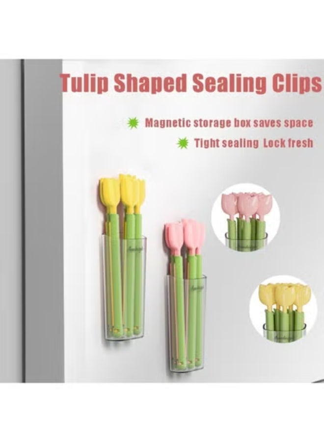 fantasize 10 قطع مشابك مغناطيسية لتأمين الثلاجة على شكل توليب لطيف مع صندوق تخزين مغناطيسي، مشابك مضحكة للحفاظ على نضارة الطعام، ملحقات مطبخ للثلاجة وتخزين الطعام - Image 2