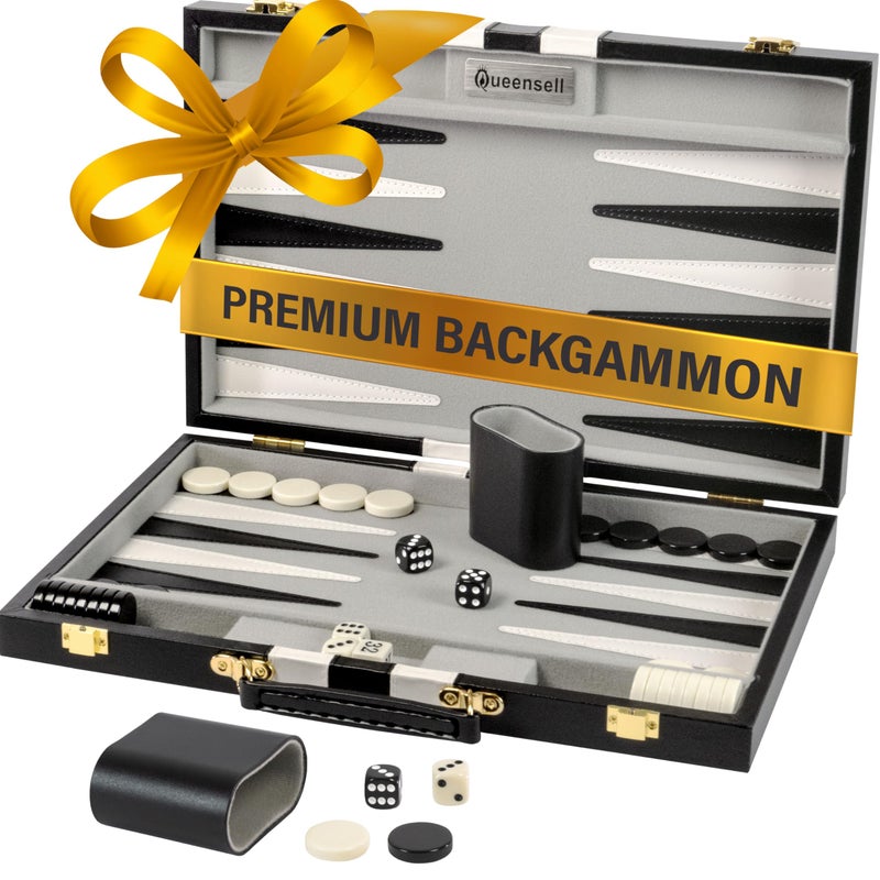 Queensell Backgammon Sets for Adults â€“ 15-Inch Black PU Leather Board Game Set â€“ Classic 2-Player Travel Backgammon Set with 32 Playing Pieces, Dice, and Cups - Image 1