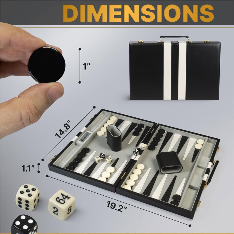 Queensell Backgammon Sets for Adults â€“ 15-Inch Black PU Leather Board Game Set â€“ Classic 2-Player Travel Backgammon Set with 32 Playing Pieces, Dice, and Cups - Image 5