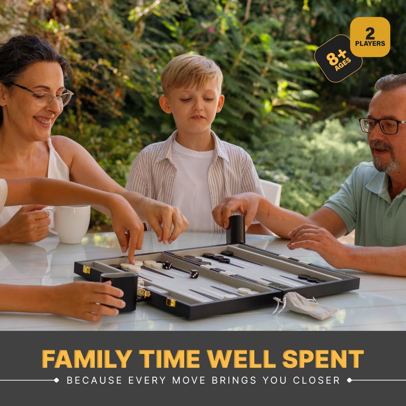 Queensell Backgammon Sets for Adults â€“ 15-Inch Black PU Leather Board Game Set â€“ Classic 2-Player Travel Backgammon Set with 32 Playing Pieces, Dice, and Cups - Image 3