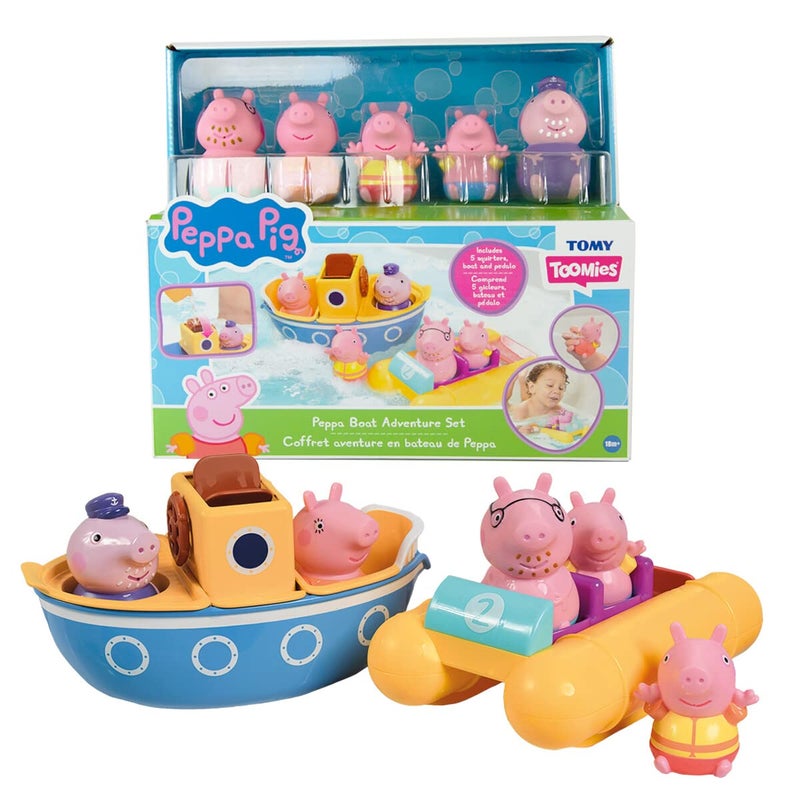 TOMY Toomies Peppa Pig Bath Toys - Peppa’s Boat Adventure Bath Toy Set - Includes 2 Boat Toys and 5 Peppa Pig Figures - Peppa Pig Toy Boats - Toddler Bath Toys for 18 Months and Up - Image 1