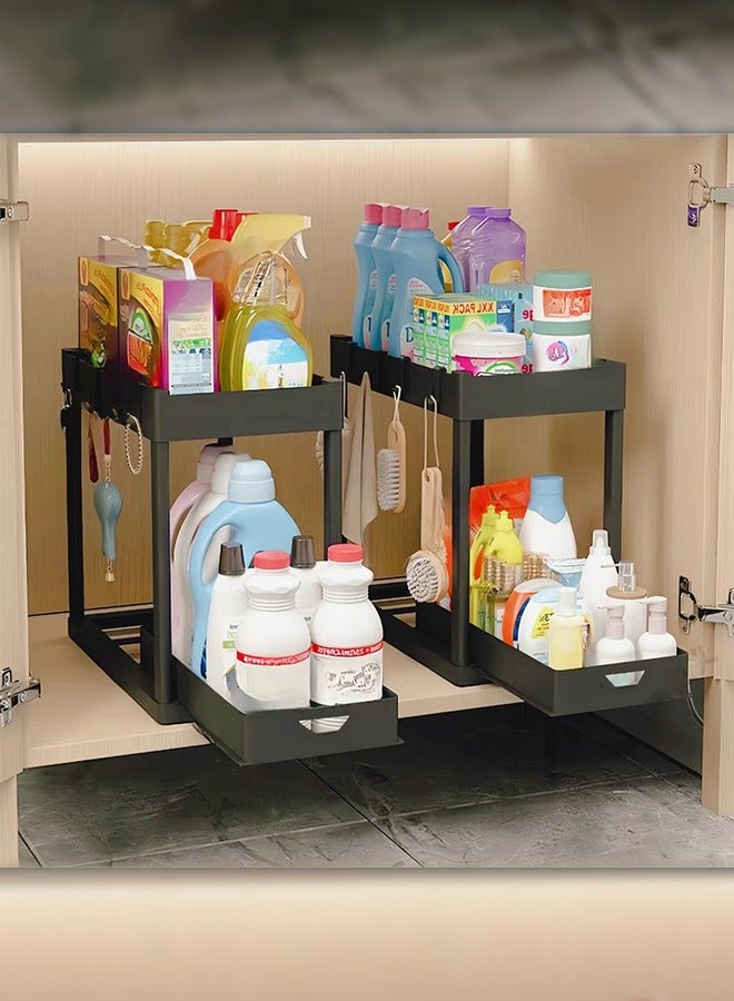 Haidue 2Pcs 2-Tier Slide Out Organizer for Condiments, Toiletries  Cosmetics  Laundry Products  Multifunctional Sliding Shelf Storage Rack Kitchen Countertop  Under Sink  Bathroom  Home, Office (Black)  - Image 1