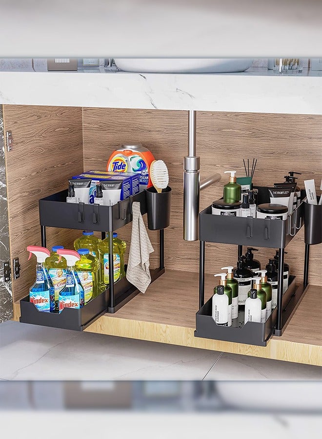 Haidue 2Pcs 2-Tier Slide Out Organizer for Condiments, Toiletries  Cosmetics  Laundry Products  Multifunctional Sliding Shelf Storage Rack Kitchen Countertop  Under Sink  Bathroom  Home, Office (Black)  - Image 2