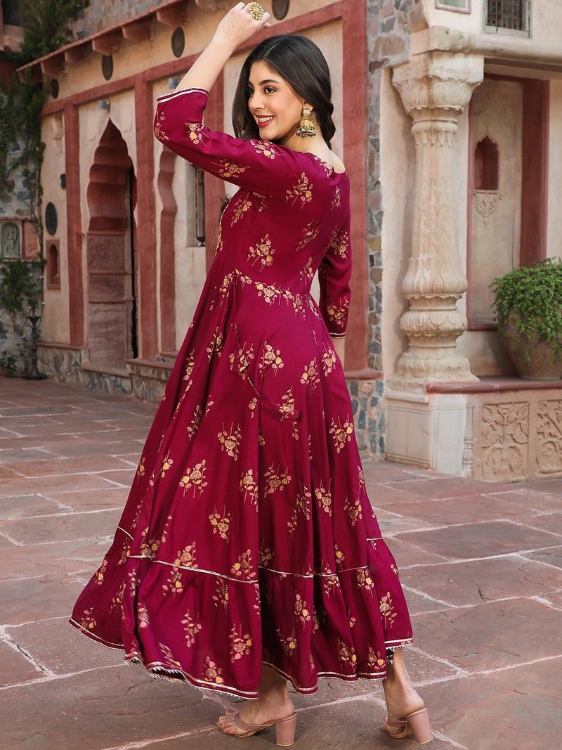 LAVANDIS Women's Anarkali Long Gown Kurti with Gold Print & Embroidery - Ethnic Flared Dress for Girls Casual Wear - Image 2