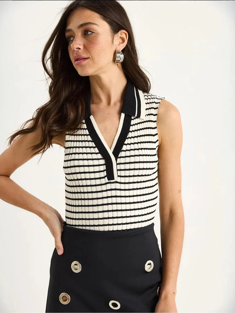 Bianco Lucci LUCCI Striped Sleeveless Polo Shirt Blouse
