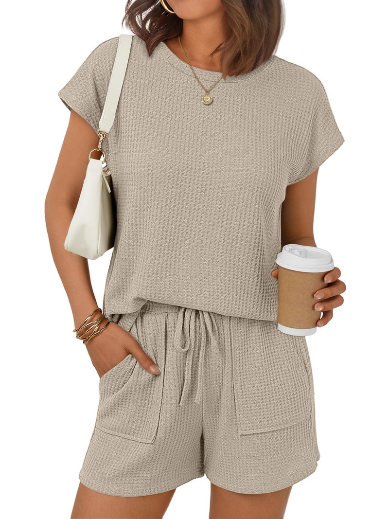 LILLUSORY Women 2 Piece Matching Lounge Sets Clothing Spring Waffle Knit Pajamas Cap Sleeve Shirt and Shorts Loungewear 2026 Summer Travel Airport Outfit Cruise Resort Beach Vacation Clothes - Image 1
