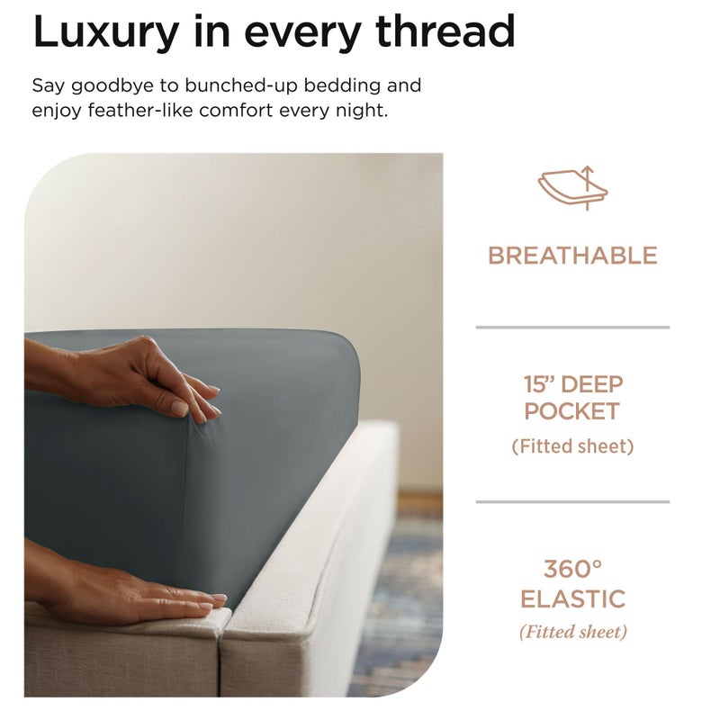 Threadmill Hotel Quality Luxury 600 Thread Count 100% Cotton Twin Size Sheets, 3 Pc Sateen Weave Dark Grey Sheet Set, Premium Soft Sheets with Elasticized Deep Pocket by Threadmill - Image 3