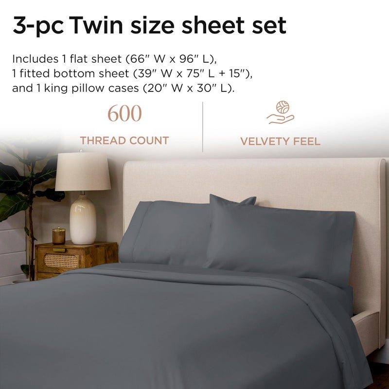 Threadmill Hotel Quality Luxury 600 Thread Count 100% Cotton Twin Size Sheets, 3 Pc Sateen Weave Dark Grey Sheet Set, Premium Soft Sheets with Elasticized Deep Pocket by Threadmill - Image 2
