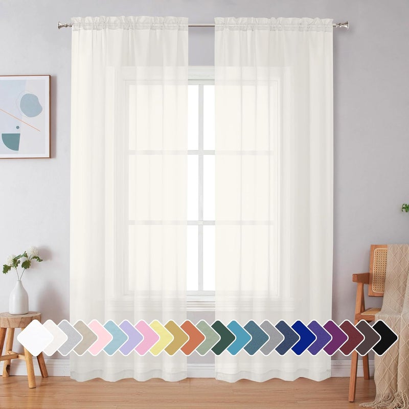 SimpleBrand Ivory Sheer Curtains 90 Inches Long, Light Filtering Rod Pocket Solid Color Window Sheer Curtain Panels, Elegant Curtains & Drapes for Living Room, Bedroom 2 Panels (Ivory, 42" W x 90" L) - Image 1